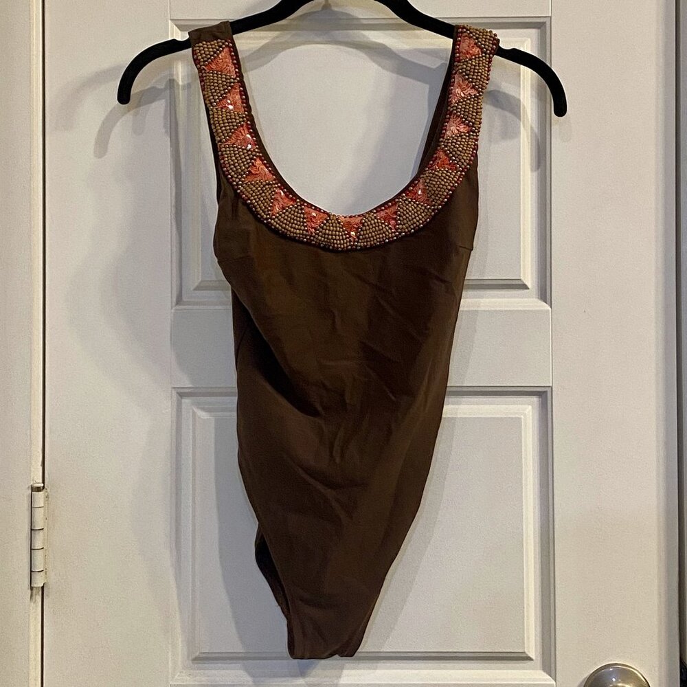 Vintage Gottex One Piece Brown swimsuit with beaded neckline size 4